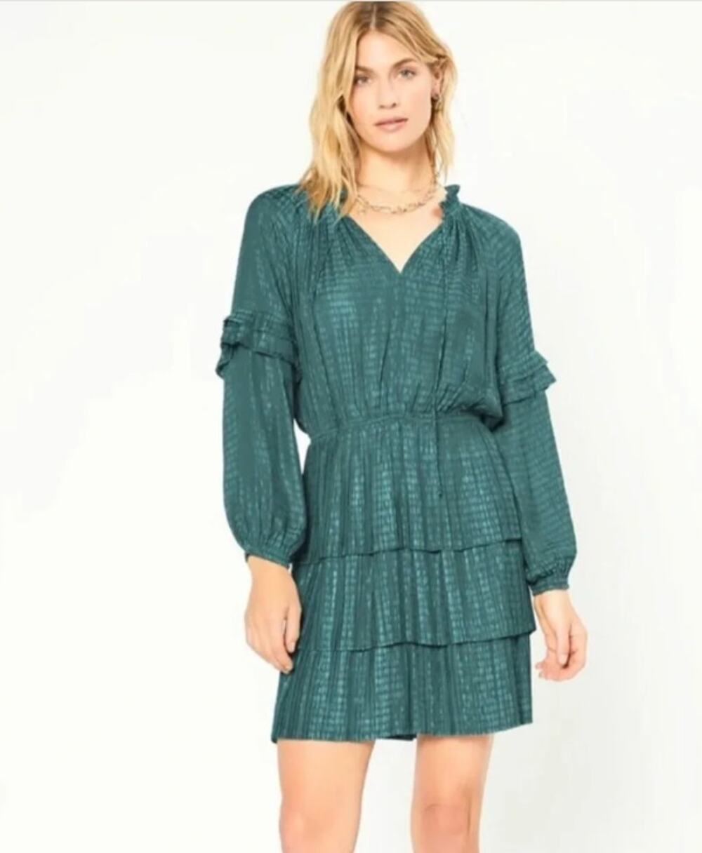 Anthro Current Air Pleated Jacquard Dot Mini Dress Jade Green Tiered Size Medium